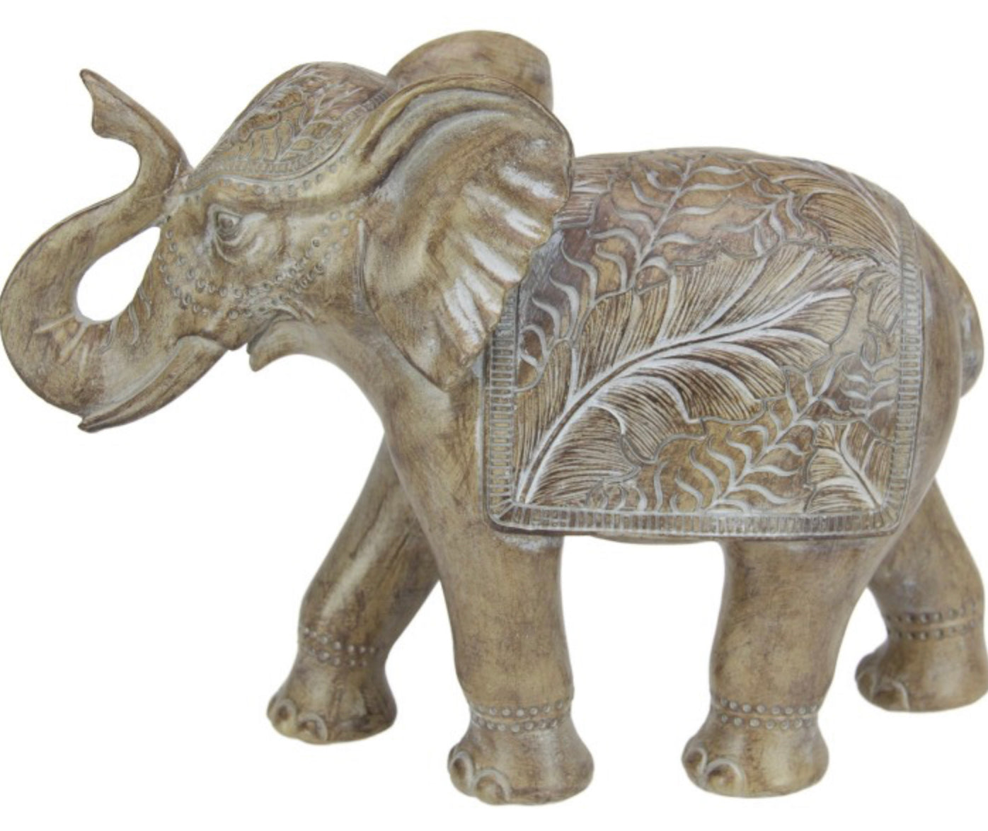 25CM LONG BROWN DECO ELEPHANT WITH LEAF DETAIL