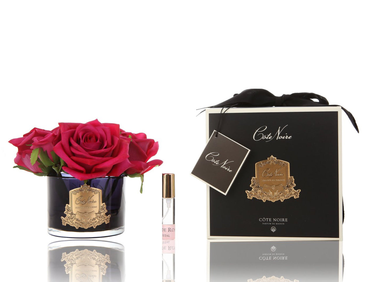 PERFUMED NATURAL TOUCH 5 ROSES IN BLACK GLASS - CARMINE RED