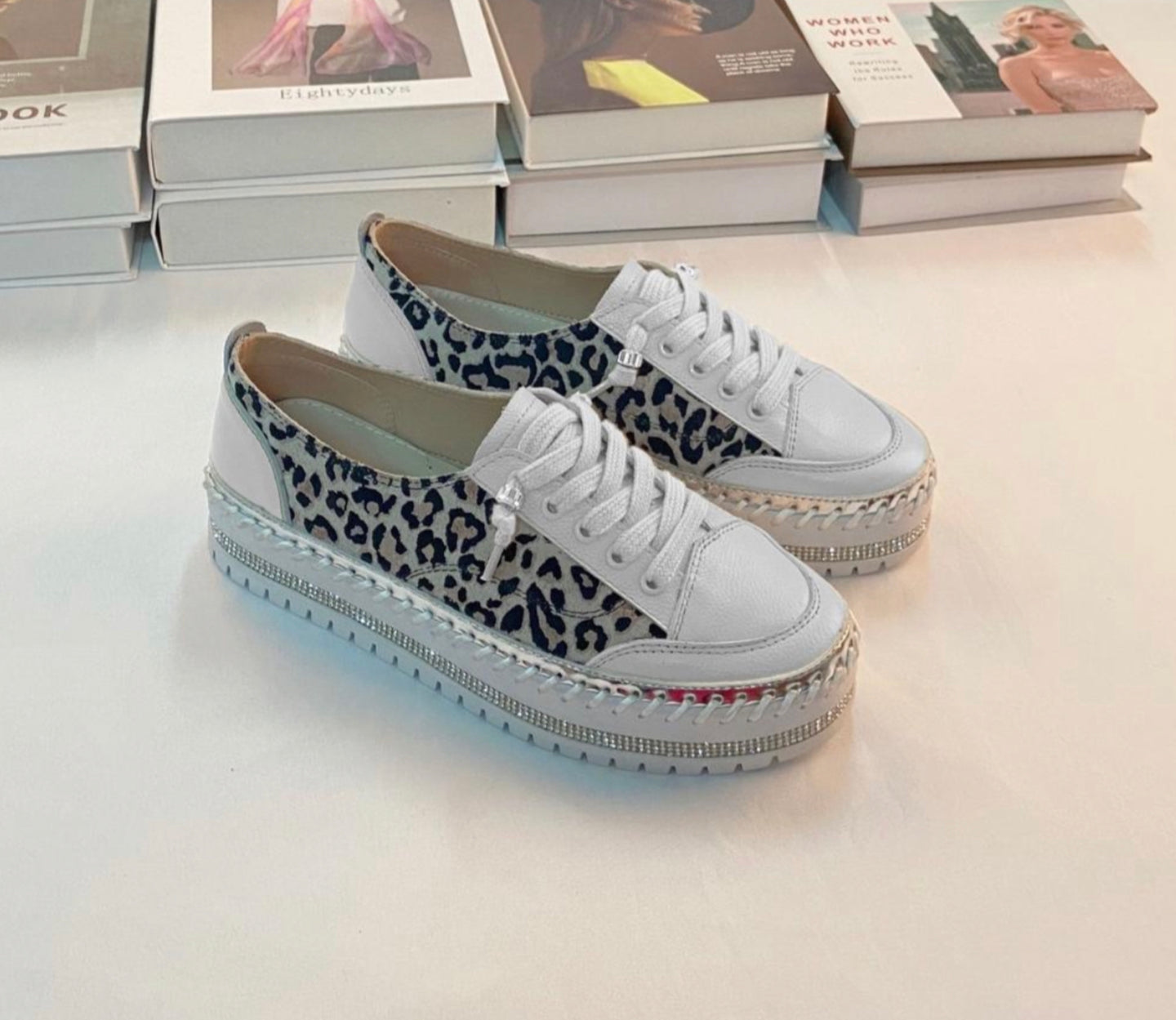 PRADA LEATHER LEOPARD LACE UP - WHITE